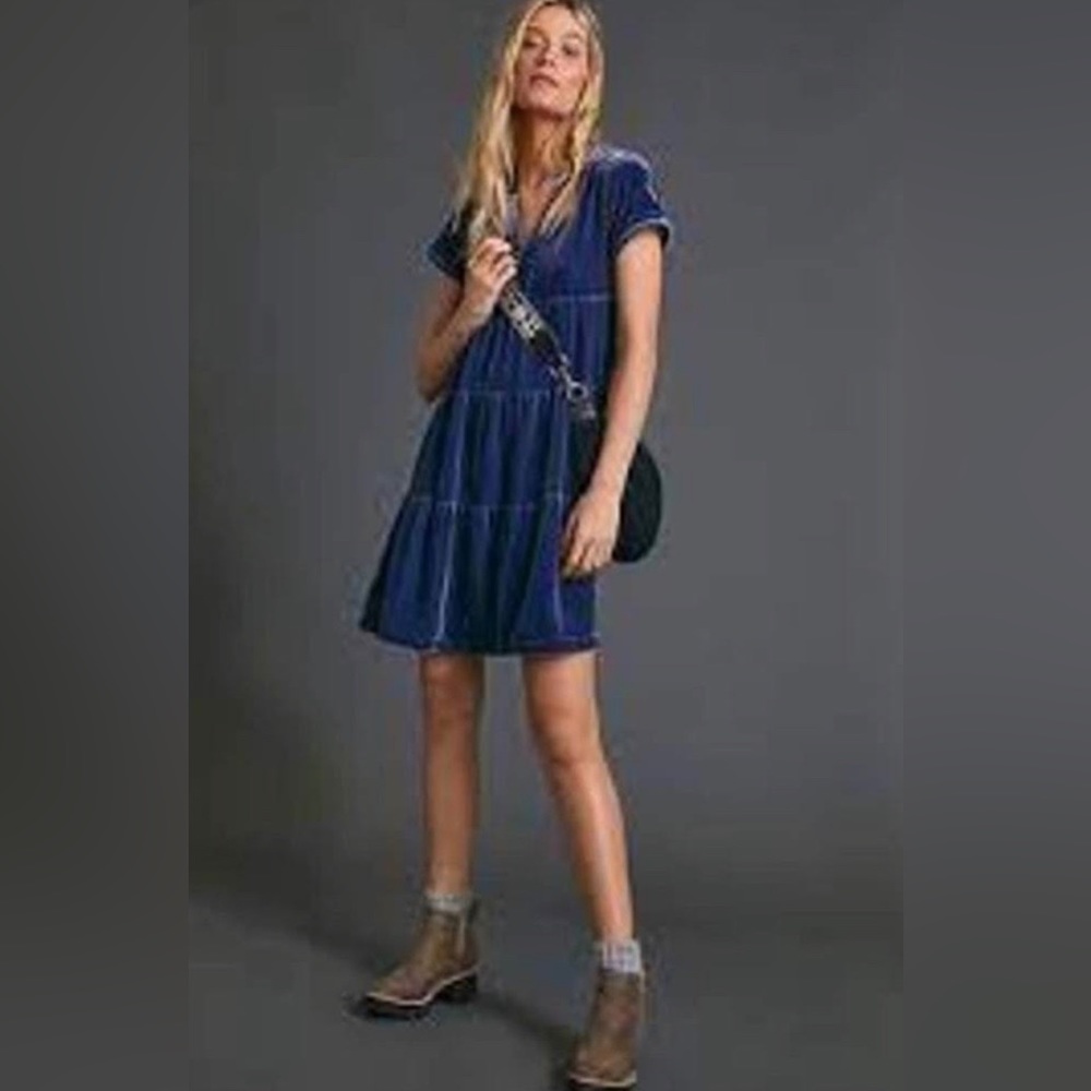 Anthropologie Velvet Blue Dress, Tiered